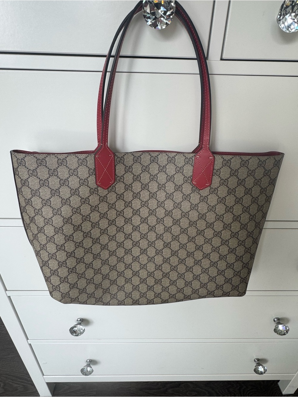Gucci Beige GG Supreme Canvas Tote with Red Trim and Handles